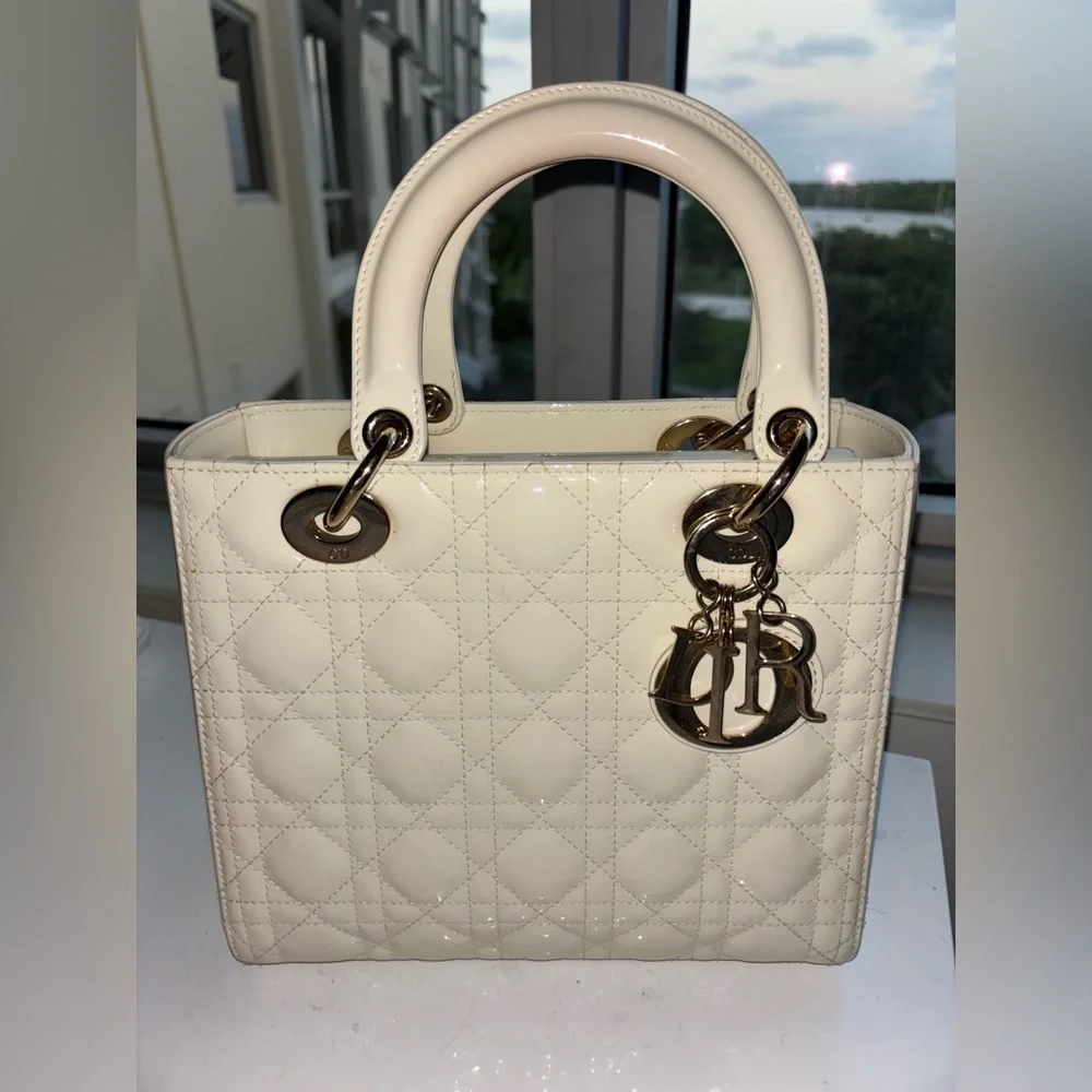 Authentic Christian Lady Dior White Handbag with Christian Dior blue Twilly